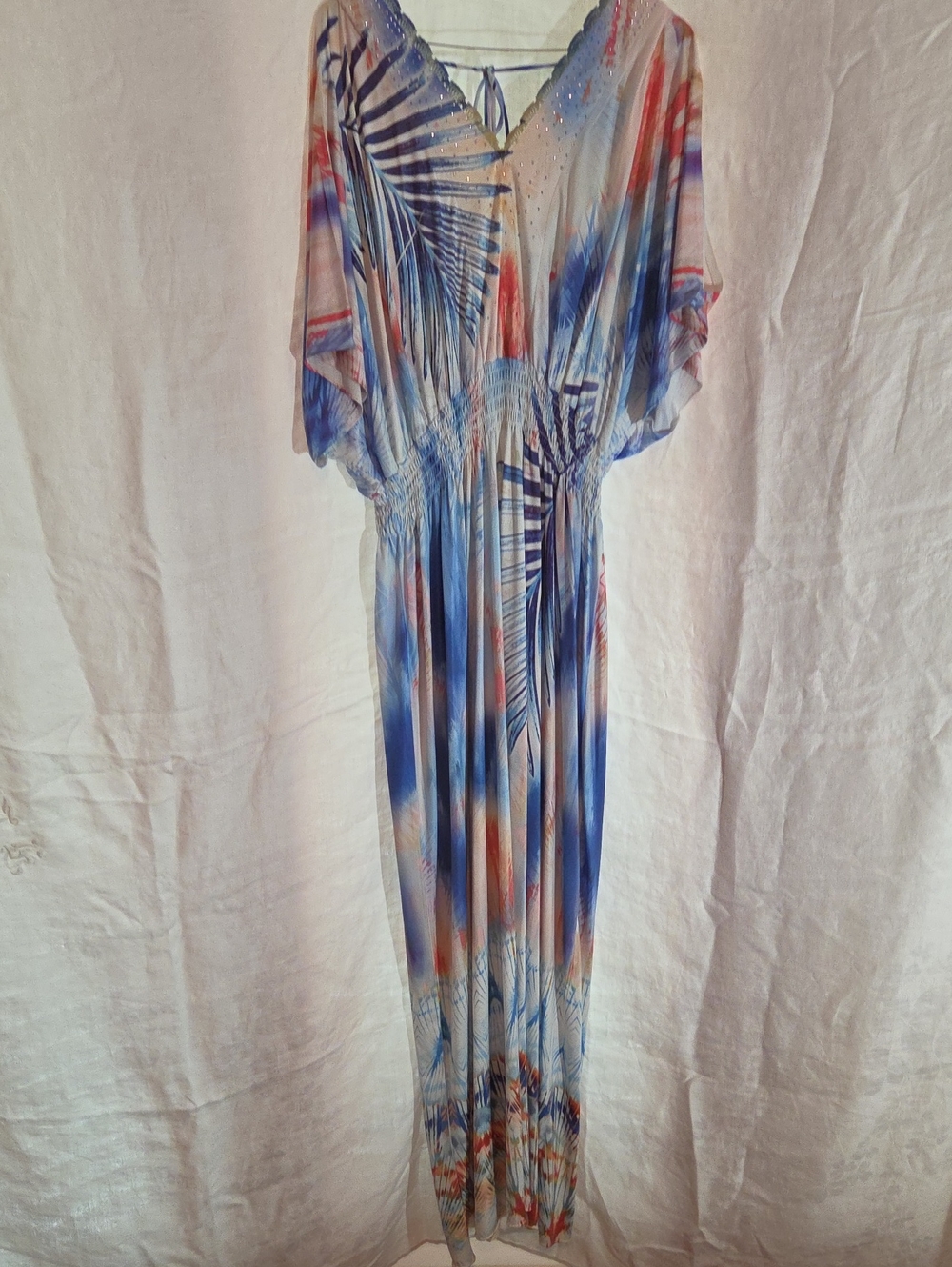 ONE WORLD Blue and Coral Palm-Print Maxi Dress
